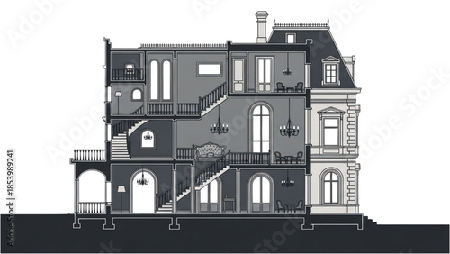 Detailed architectural illustration of a multi-story building's cross-section showcasing interior layout and exterior facade