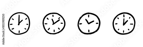Four Clock Faces Line Icon Set In Doodle Style. Time Management, Scheduling, And Punctuality Outline Sketch Collection. Hand Drawn Isolated Vector Illustration