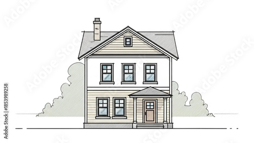 Illustration of a two-story house with a gabled roof and chimney standing in front of trees