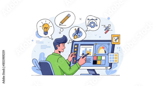 Man working on computer with creative ideas surrounding him in a modern office environment from a rear viewpoint