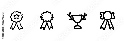 Award And Trophy Line Icon Set In Doodle Style. Achievement Recognition, Excellence, And Success Celebration Outline Sketch Collection. Hand Drawn Isolated Vector Illustration