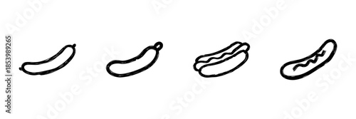 Sausage And Hot Dog Line Icon Set In Doodle Style. Fast Food, Barbecue, And Snack Outline Sketch Collection. Culinary And Gastronomy Elements. Hand Drawn Isolated Vector Illustration