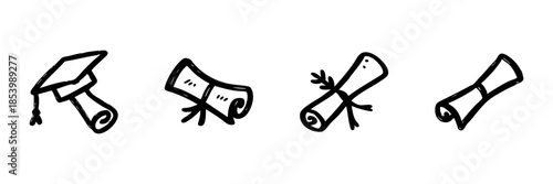 Graduation Cap And Diploma Line Icon Set In Doodle Style. Academic Achievement And Education Success Outline Sketch Collection. Hand Drawn Isolated Vector Illustration