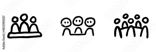 Group Meeting And Team Collaboration Line Icon Set In Doodle Style. Business Communication And Teamwork Outline Sketch Collection. Hand Drawn Isolated Vector Illustration