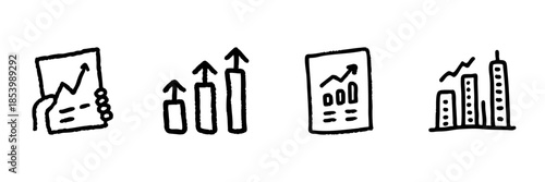 Financial Growth And Analysis Line Icon Set In Doodle Style. Business Performance, Market Trends, And Economic Progress Outline Sketch Collection. Hand Drawn Isolated Vector Illustration