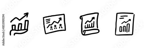 Hand-Drawn Business Growth And Analytics Line Icon Set In Doodle Style. Financial Progress, Data Analysis, And Market Trends Outline Sketch Collection. Hand Drawn Isolated Vector Illustration