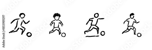 Soccer Players Dribbling Line Icon Set In Doodle Style. Football Action, Team Sport, And Athletic Movement Outline Sketch Collection. Hand Drawn Isolated Vector Illustration