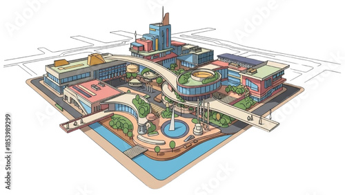 Isometric illustration of a futuristic cityscape with modern buildings and a central park featuring a pond, viewed from above.