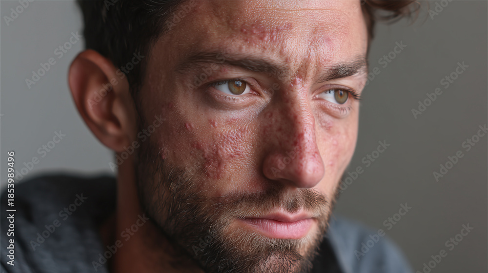 Fototapeta premium Close up portrait of man with post acne marks and uneven skin texture looking thoughtful with brown eyes and facial hair in natural light