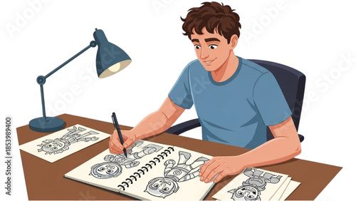 A young man creating illustrations at a desk with a lamp, focusing on his artwork