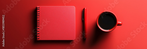 A red notepad sits beside a red pen and a red cup filled with black coffee on a red table Generative AI