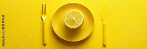 A lemon slice sits on a yellow plate with yellow fork and knife on a yellow background Generative AI