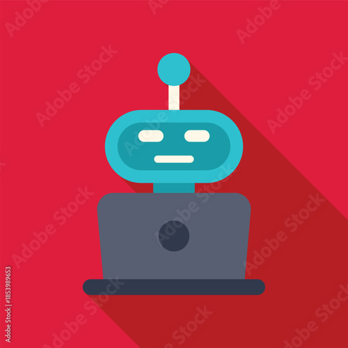 Blue robot working from home, sitting on laptop, artificial intelligence, automation, remote work concept