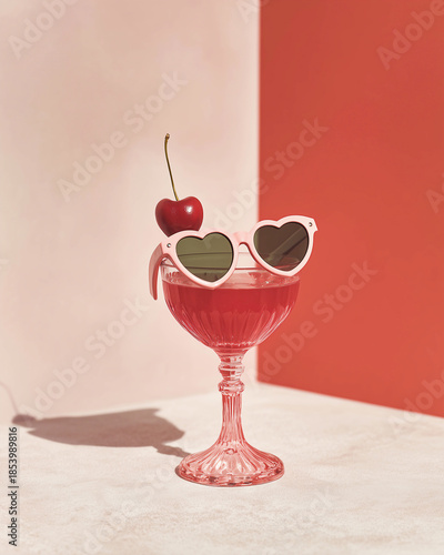 Pink romantic cocktail in vintage glass with heart shape sunglasses and red cherry on minimal two tone background for Valentine Day party
