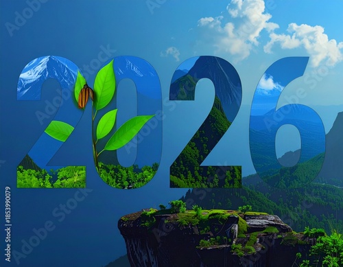 2026 vision: a hopeful landscape blends mountains, forests, and a sprouting plant symbolizing growth and a bright future. A butterfly rests.