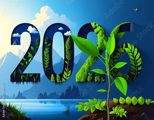 Envisioning the year 2026 with nature-inspired numerals, showing growth and conservation against the backdrop of a tranquil landscape.