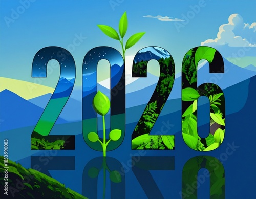 2026: A year for growth and renewal. Nature, sky, and reflection blend in a vibrant image of hope and a promising future. Sprout of life.
