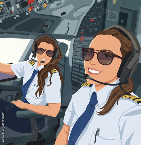 Smiling Female Pilots Taking Selfie in Cockpit – Modern Aviation