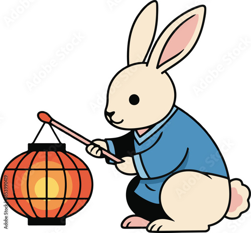 Vector illustration of a cute cartoon rabbit wearing traditional blue clothing and holding a glowing red paper lantern.