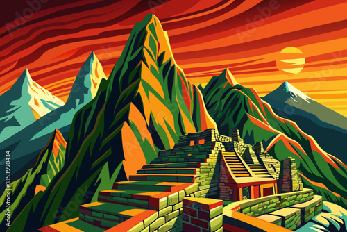 Steep green mountain slopes surrounding Machu Picchu create a powerful landscape where ancient stone structures meet dramatic elevation and natural Andean terrain