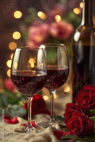 Elegant wine glasses and roses celebrate romance with bokeh background