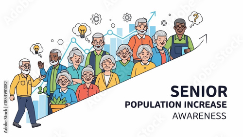Diverse group of senior citizens celebrating population increase awareness.