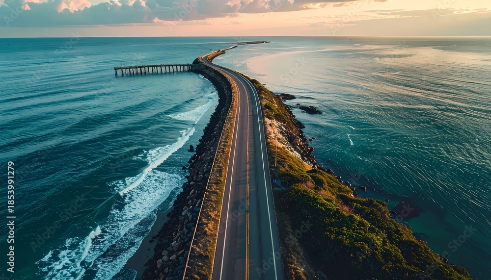 Obraz premium Scenic Coastal Road and Pier Stretching into the Ocean at Sunset.