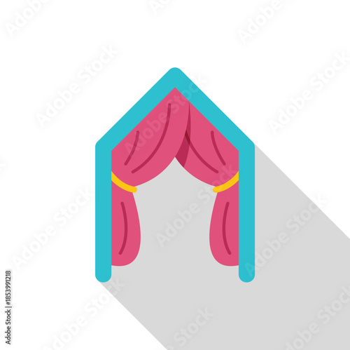 Pink stage curtain with blue frame casting a long shadow, creating anticipation for a performance