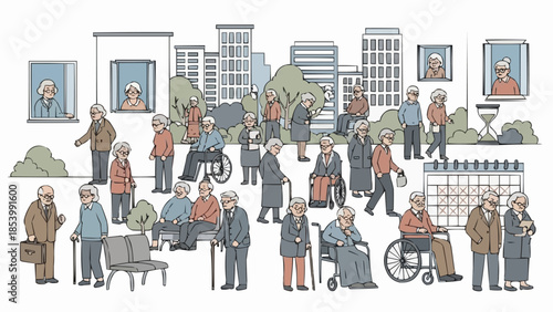 Diverse group of elderly people enjoying outdoor city life.