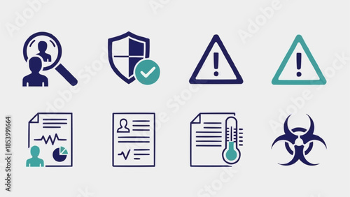 Collection of Icons Representing Health Safety and Data Analysis.