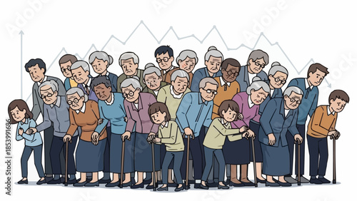 Diverse group of elderly people and children standing together.