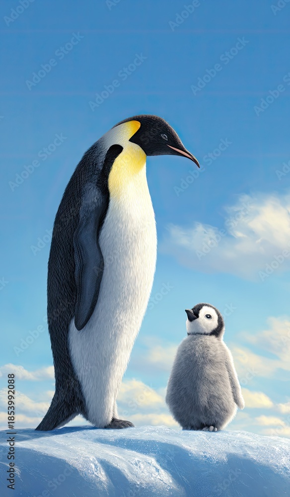Fototapeta premium Emperor penguin adult and chick standing together against a blue sky background