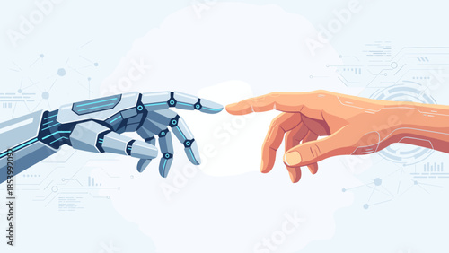 Futuristic robot hand touching human hand. Artificial intelligence collaboration. Technology partnership. Cybernetic assistance. Machine connection. Future cyborg contact. Innovation.