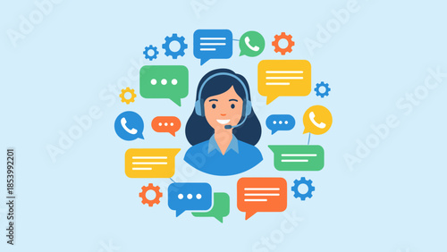 Customer support call center concept. Female operator agent with headset. Help desk service. Online communication chat bubbles. Business assistance. Vector illustration flat design.
