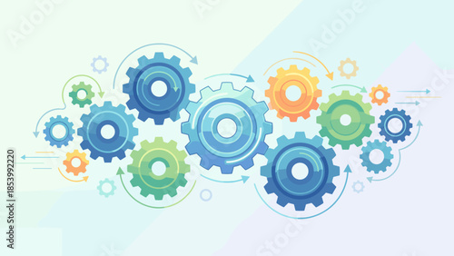 Colorful gears and cogs working together. System optimization efficiency concept. Teamwork synergy business process. Engineering technical progress. Machine operation. Innovation.