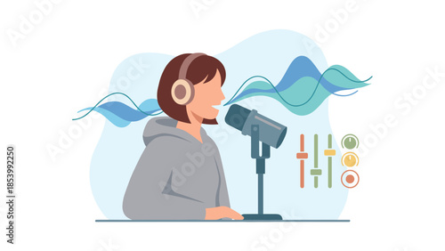 Podcaster recording audio. Woman speaking into microphone with headphones. Sound waves, mixer. Broadcasting, radio, content creation, voiceover, streaming. Online talk show concept