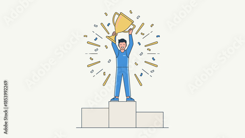 Winner holding gold trophy cup on podium. Success concept. Champion celebration with confetti. First place victory achievement. Happy man flat vector illustration. Leadership award.