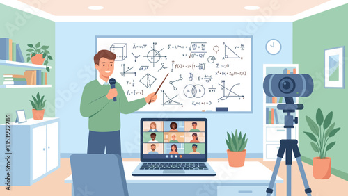 Online math teacher explaining formulas on whiteboard via laptop. E-learning concept. Distance education. Virtual classroom. Male tutor livestreaming lesson. Remote digital school.