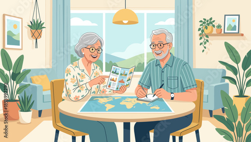 Senior couple planning trip. Retirement lifestyle. Husband and wife choosing vacation destination with map and brochure. Flat vector illustration. Tourism concept. Travel booking