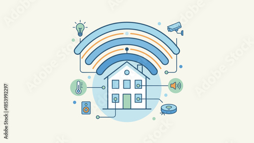 Smart home technology concept. Wifi signal covering house. Wireless connectivity. Internet of things network. Intelligent residence. Automation system. Security vector illustration.