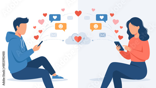 Online dating concept couple connecting via smartphone apps. Virtual relationship digital love. Long distance romance communication. Chat bubbles hearts cloud technology vector.