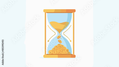 Time is money concept. Hourglass sand turning into gold coins. Financial investment profit and wealth creation. Business efficiency. ROI symbol. Flat vector illustration.