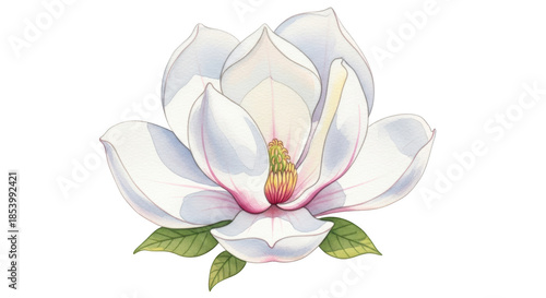 White magnolia flower with pink accents and green leaves