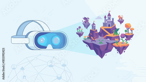 Virtual reality headset projecting fantasy world. Metaverse gaming concept. Floating islands castle dragon. Augmented reality tech. Digital imagination. VR glasses vector illustration.