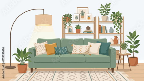 Cozy living room interior design. Green sofa, plants, shelves, lamp. Flat vector illustration of comfortable home apartment decor. Domestic furniture. Modern lifestyle background.
