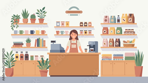 Happy female shopkeeper standing behind counter. Small business owner concept. Retail store interior with cashier. Woman barista in apron at cafe. Grocery market. Flat vector design