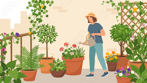 Woman watering plants in pots on balcony. Urban gardening concept. Female gardener with can caring for flowers. Patio lifestyle hobby. Home nature growth. Terrace backyard houseplant.
