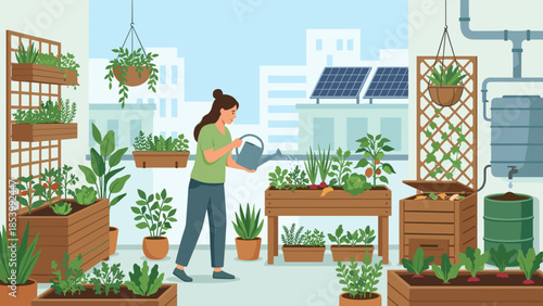 Woman watering plants on urban balcony garden. Sustainable city lifestyle. Solar panels and compost bin. Homegrown organic vegetables in apartment. Eco friendly green living.