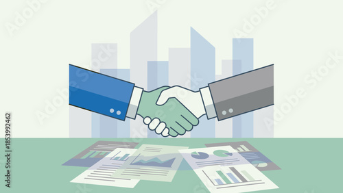 Business partnership agreement concept. Two people shaking hands over financial documents charts. Successful corporate deal city skyline background. Contract signing meeting vector.