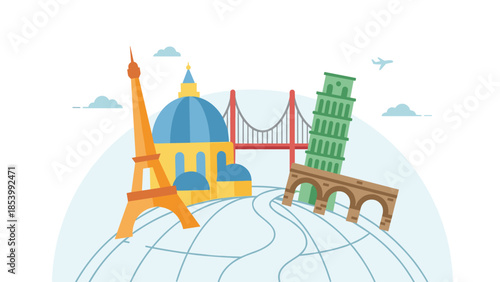 Minimal travel landmarks. World tourism concept. Famous towers domes bridges. Eiffel Tower Pisa Golden Gate Bridge. Global vacation sightseeing. International trip. Flat vector.